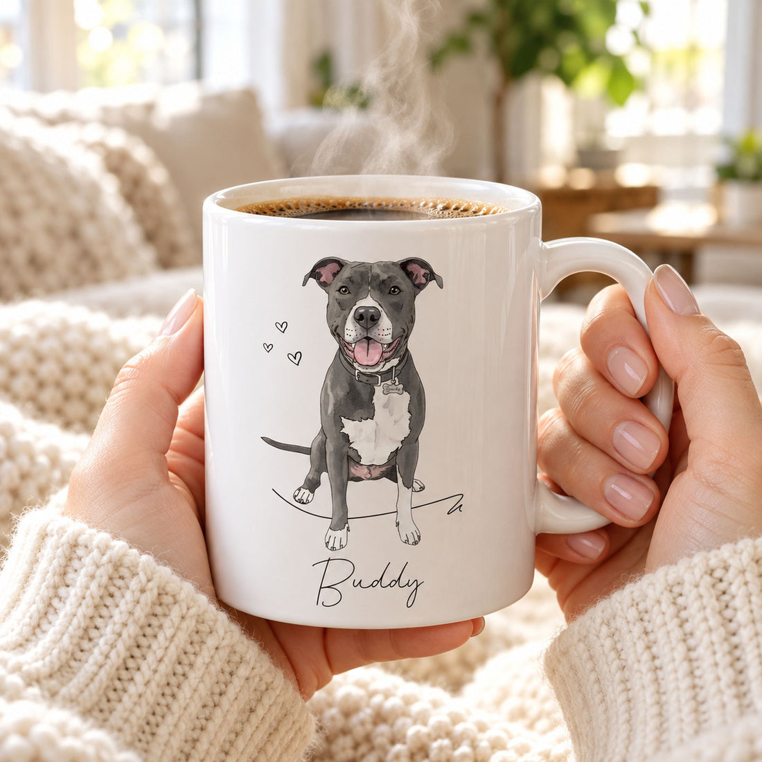 Hands in a knit sweater holding the personalized dog portrait mug with steaming coffee