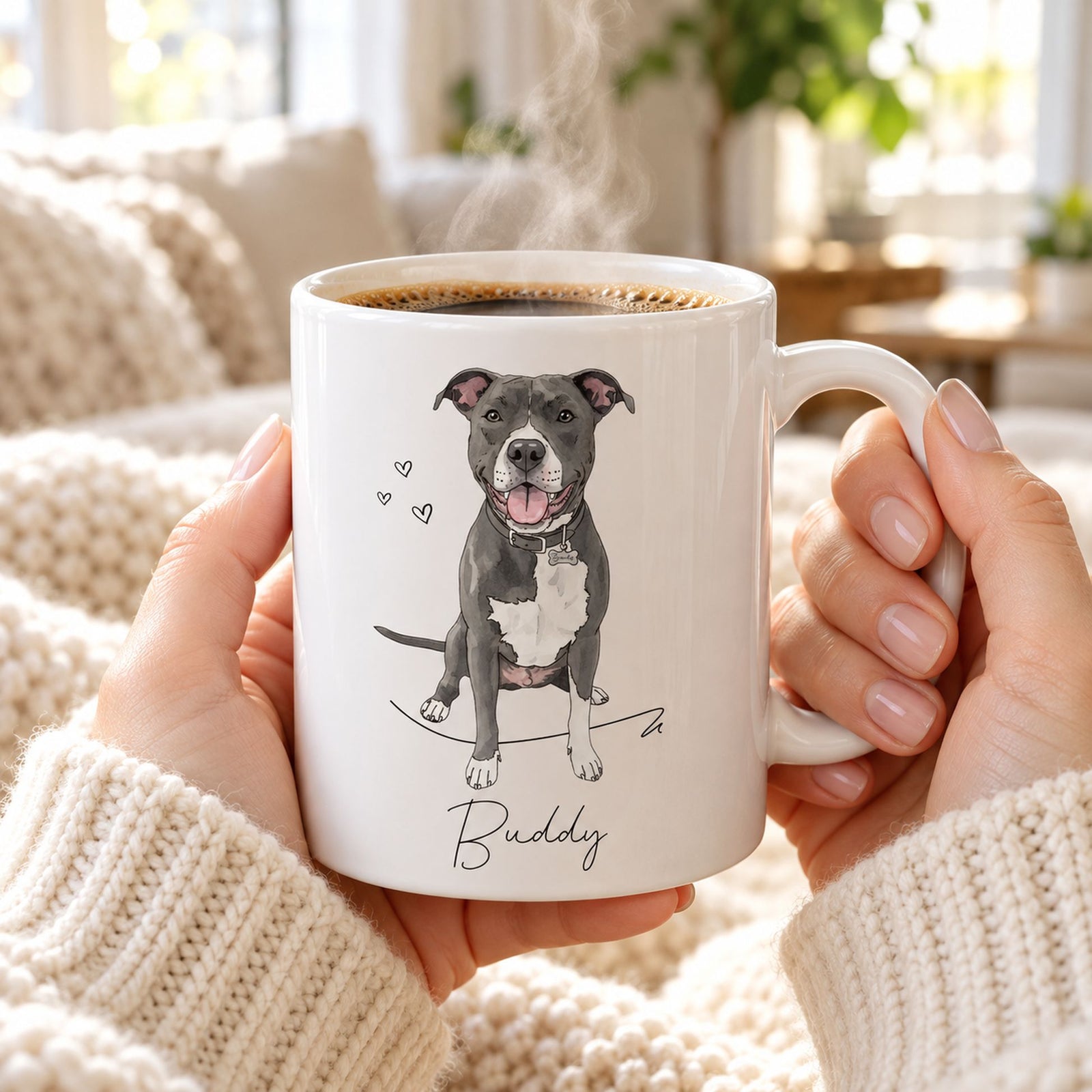 Hands in a knit sweater holding the personalized dog portrait mug with steaming coffee
