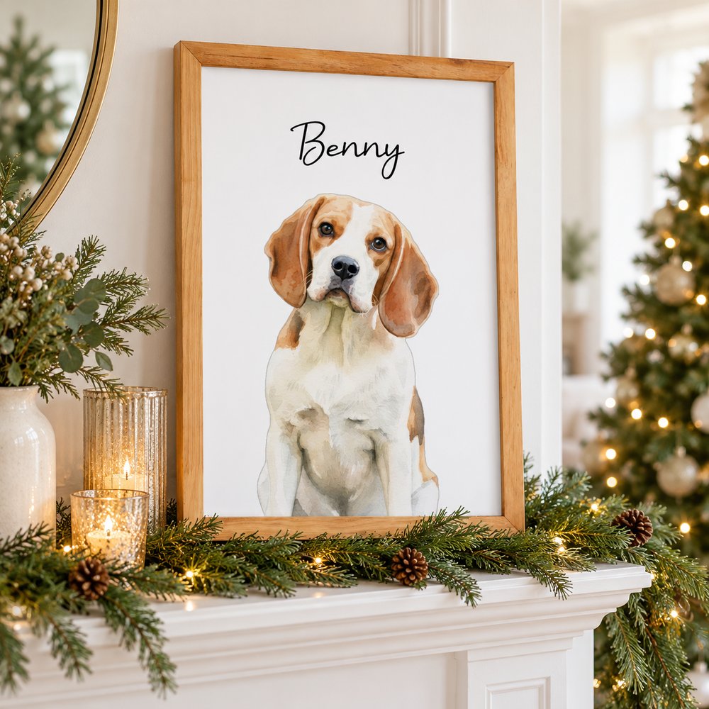 Custom watercolor dog portrait framed poster displayed on a holiday mantel beside pine garlands