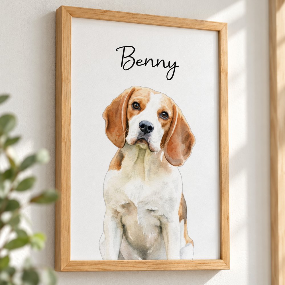 Close-up detail of personalized watercolor pet poster print texture and natural wood frame