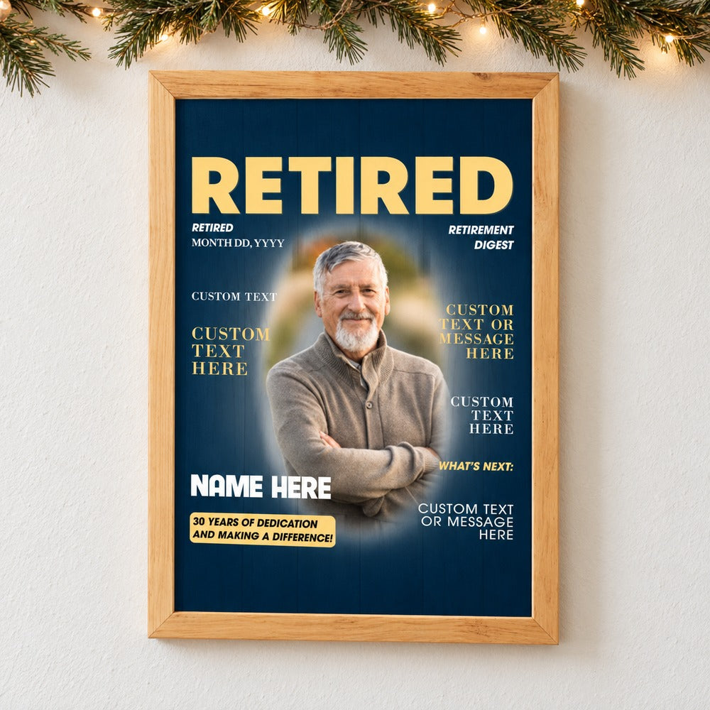Custom photo retired magazine framed print on wall with holiday garland and lights
