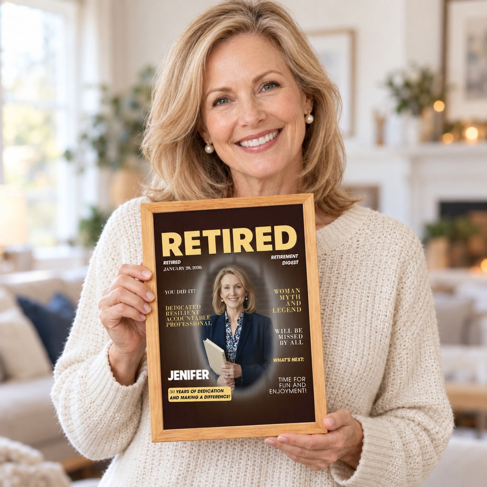 Retiree woman holding personalized Retired Magazine framed poster gift