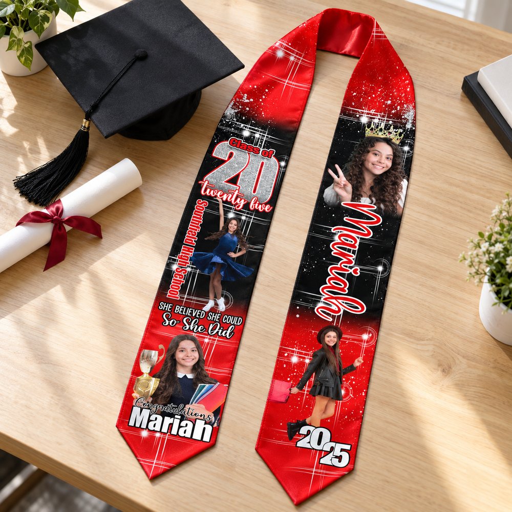 Custom photo graduation stole sash laid flat next to a graduation cap and diploma for scale