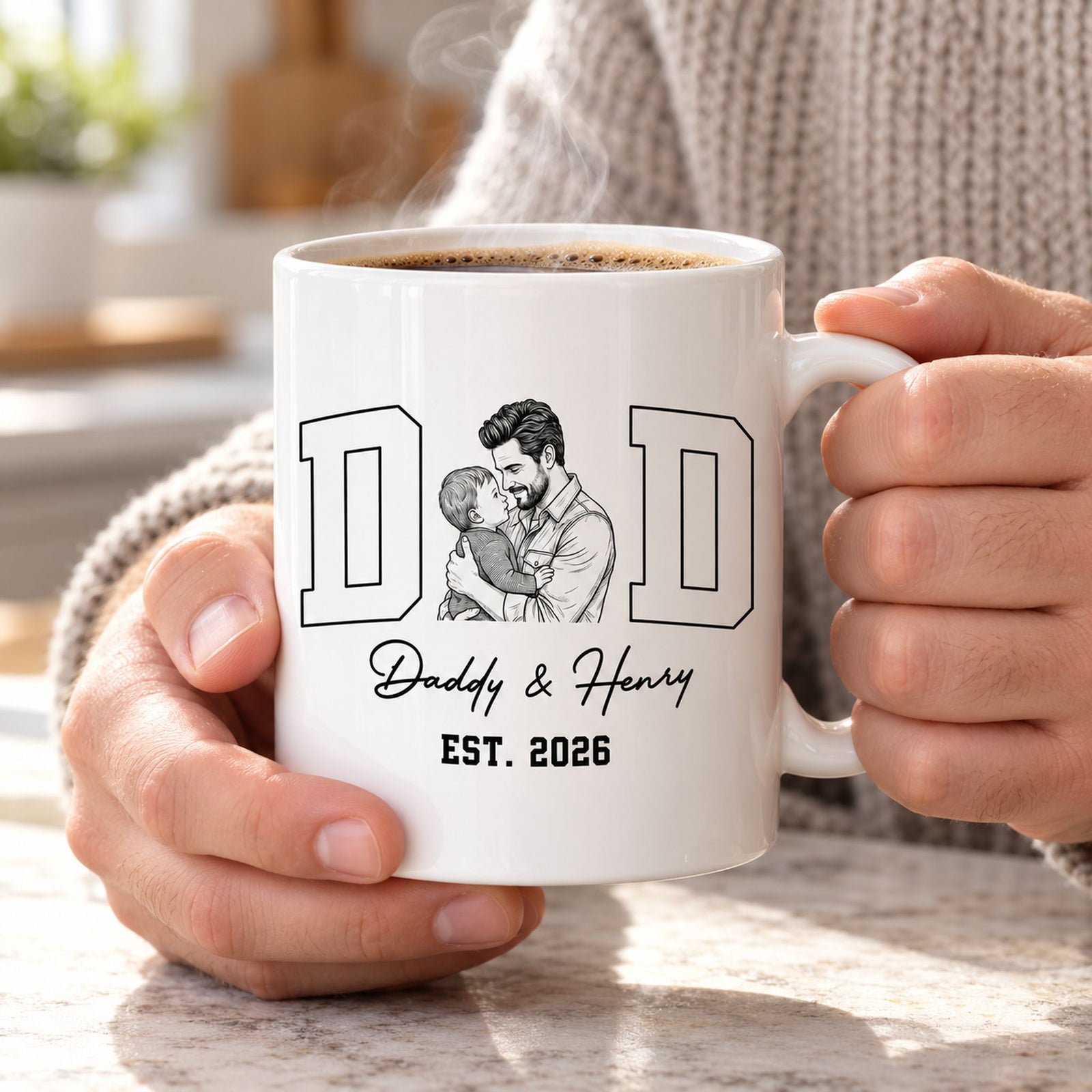 Custom Dad EST sketch mug held by a father with hot coffee in a bright morning kitchen