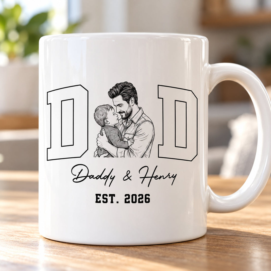Close-up detail of the custom photo sketch line art print and glossy finish on the white mug