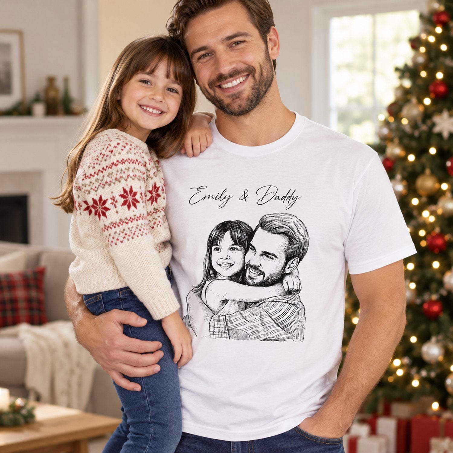 Dad wearing custom photo sketch line art t-shirt with Emily and Daddy print in bright living room