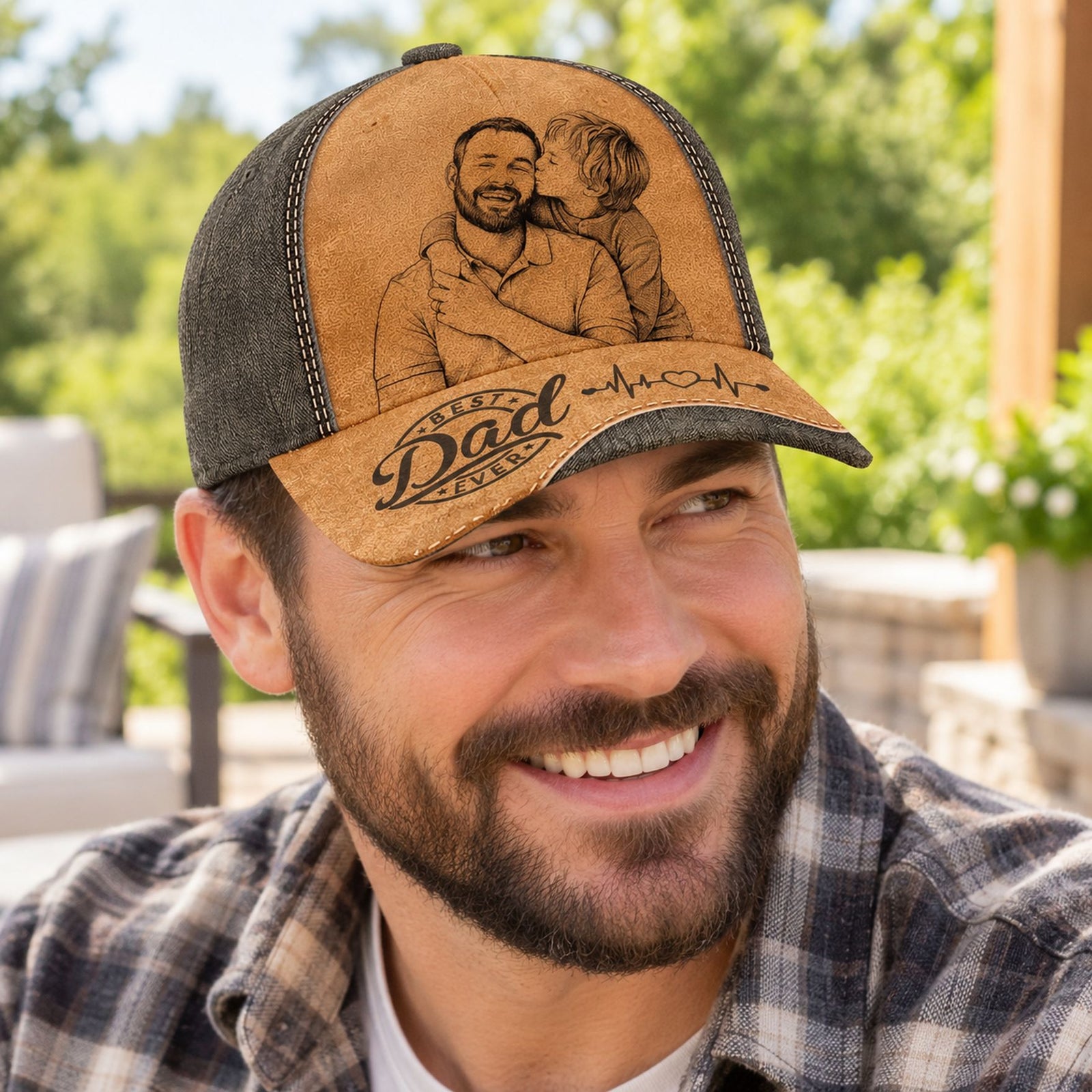 Dad wearing custom photo sketch line art Best Dad Ever personalized classic cap outdoors