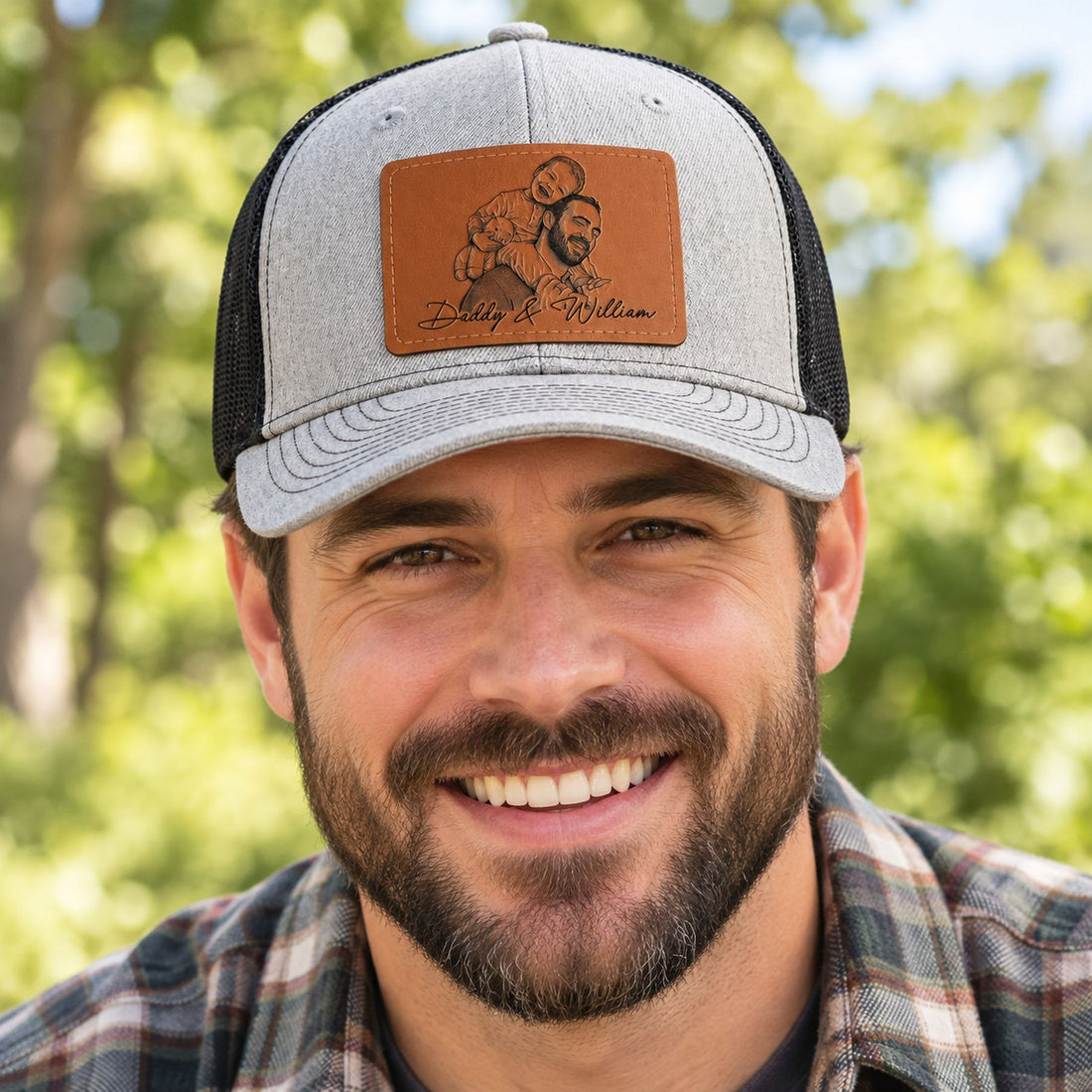Dad wearing custom photo sketch leather patch trucker hat outdoors