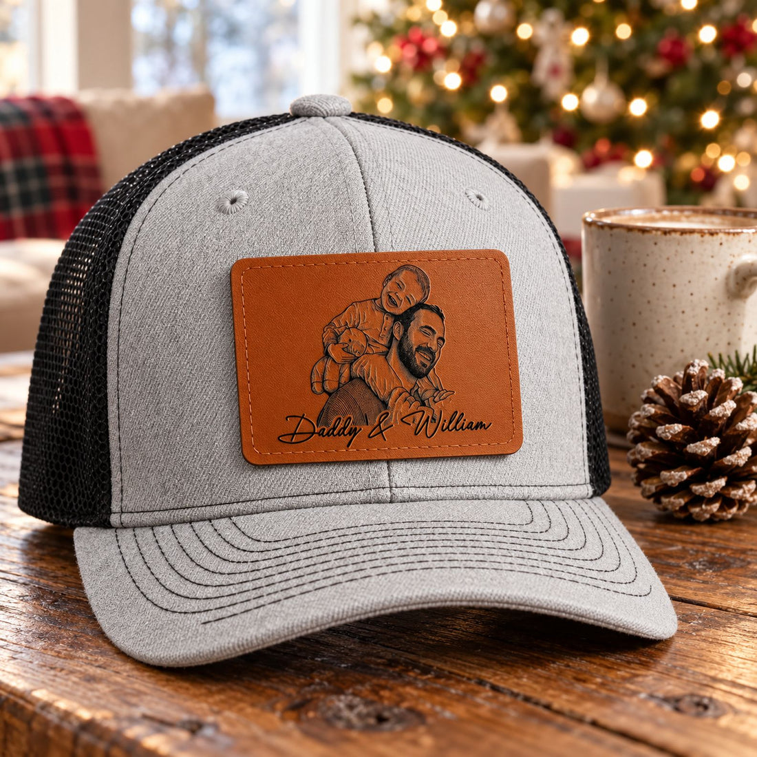 Personalized dad leather patch trucker hat by Christmas tree in living room