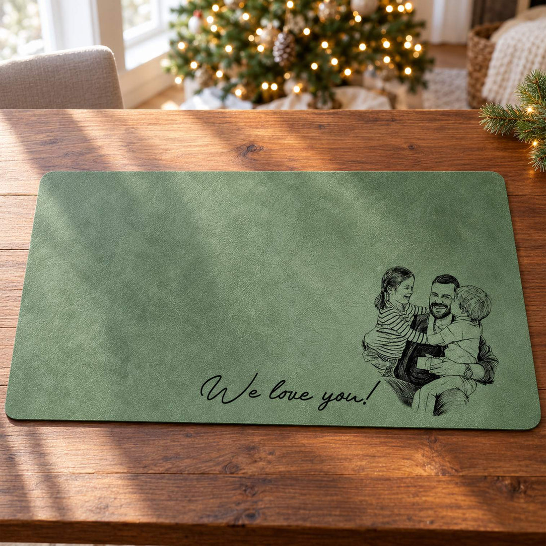 Custom photo sketch Dad desk mat on a wooden table with soft holiday tree lights in background