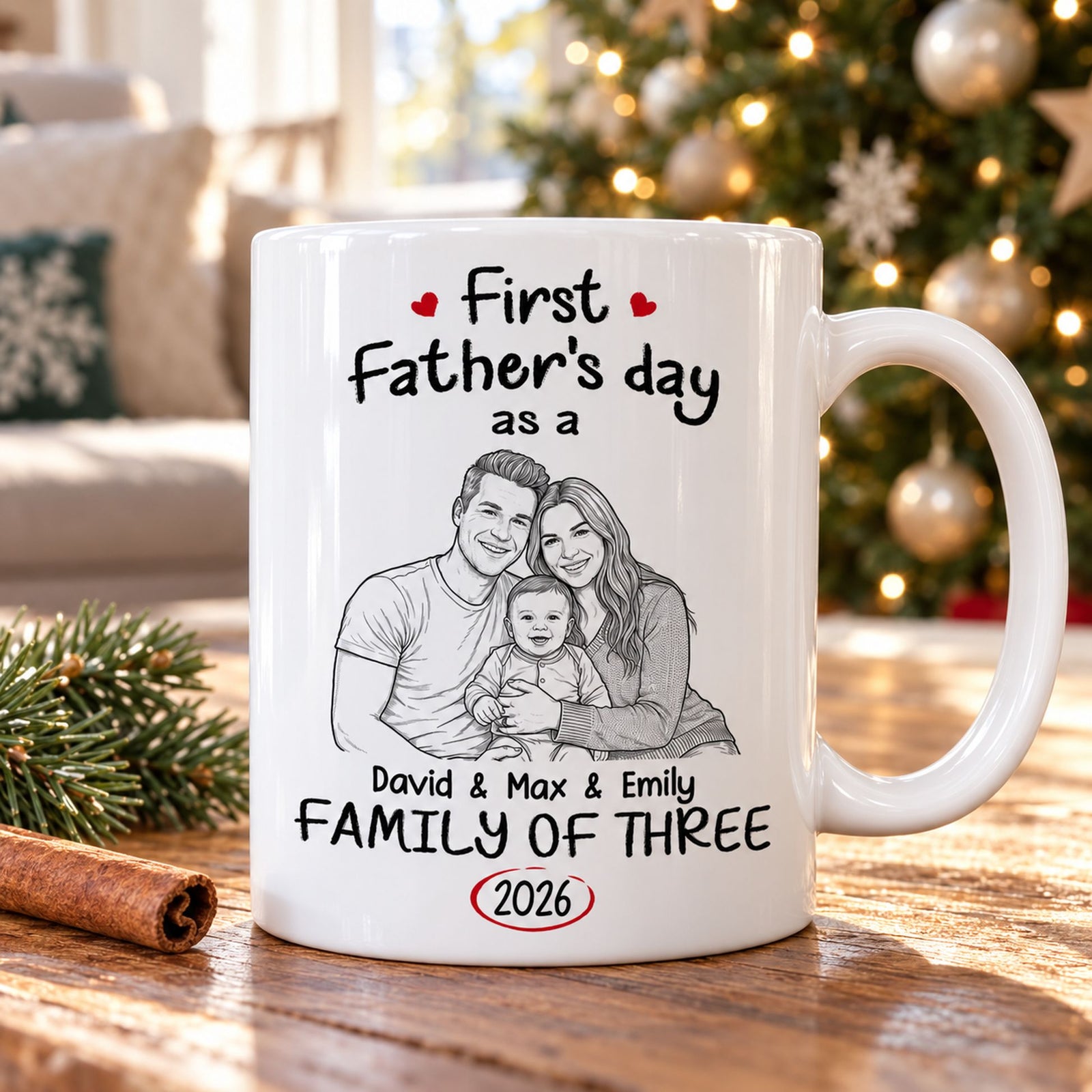 Personalized First Fathers Day family of three line art mug on a wooden table near a Christmas tree