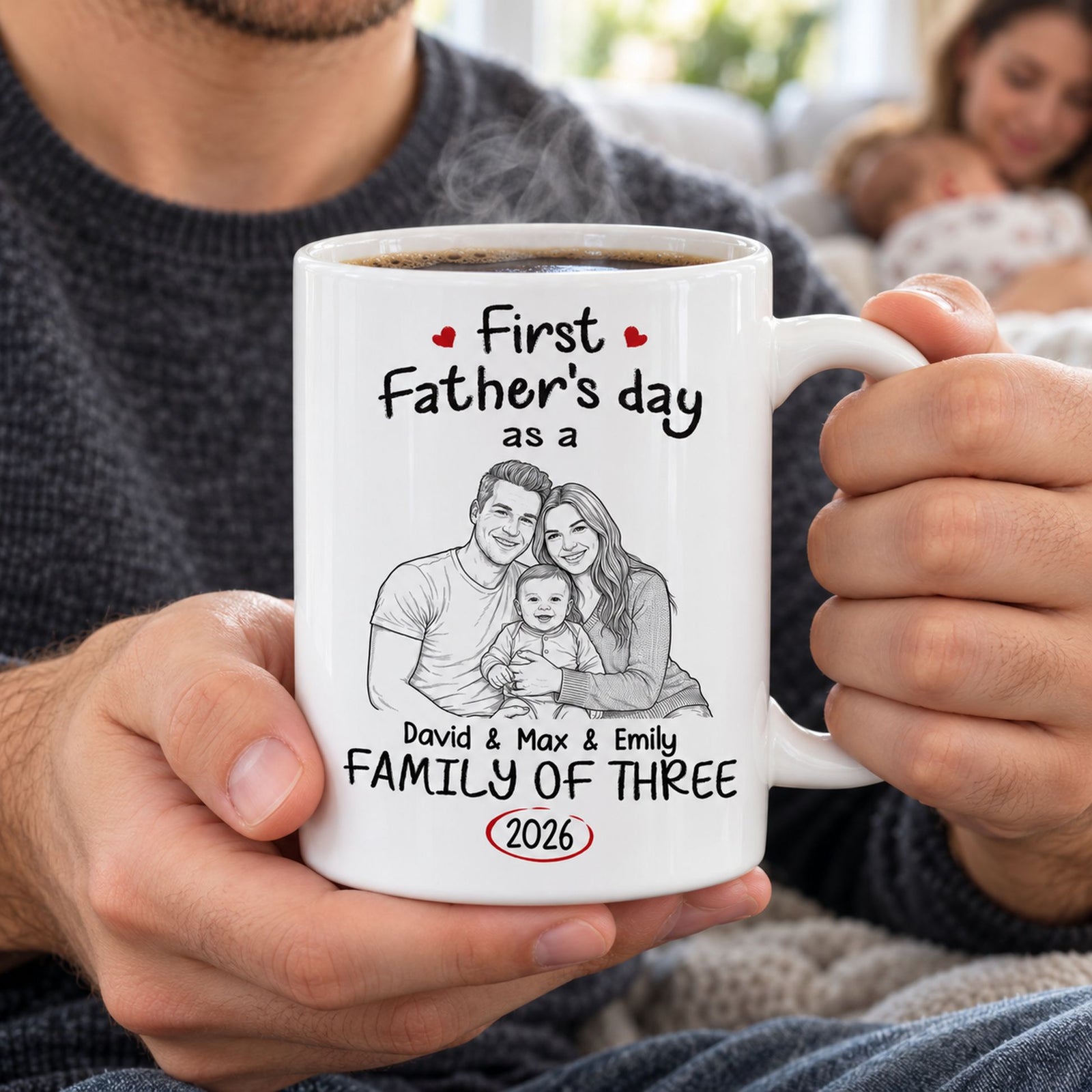 New dad holding personalized First Fathers Day sketch mug with steaming coffee on a cozy sofa