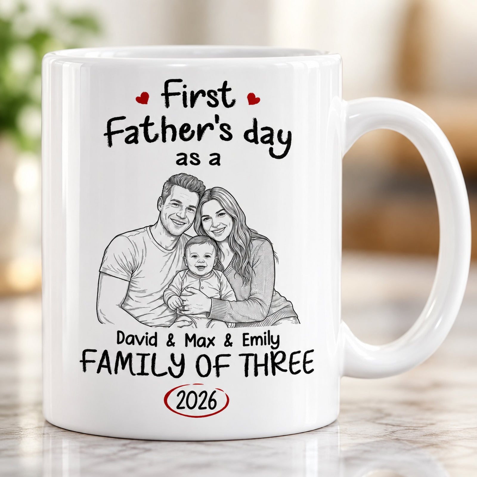 Close-up detail of custom family line art sketch and glossy ceramic print on First Fathers Day mug