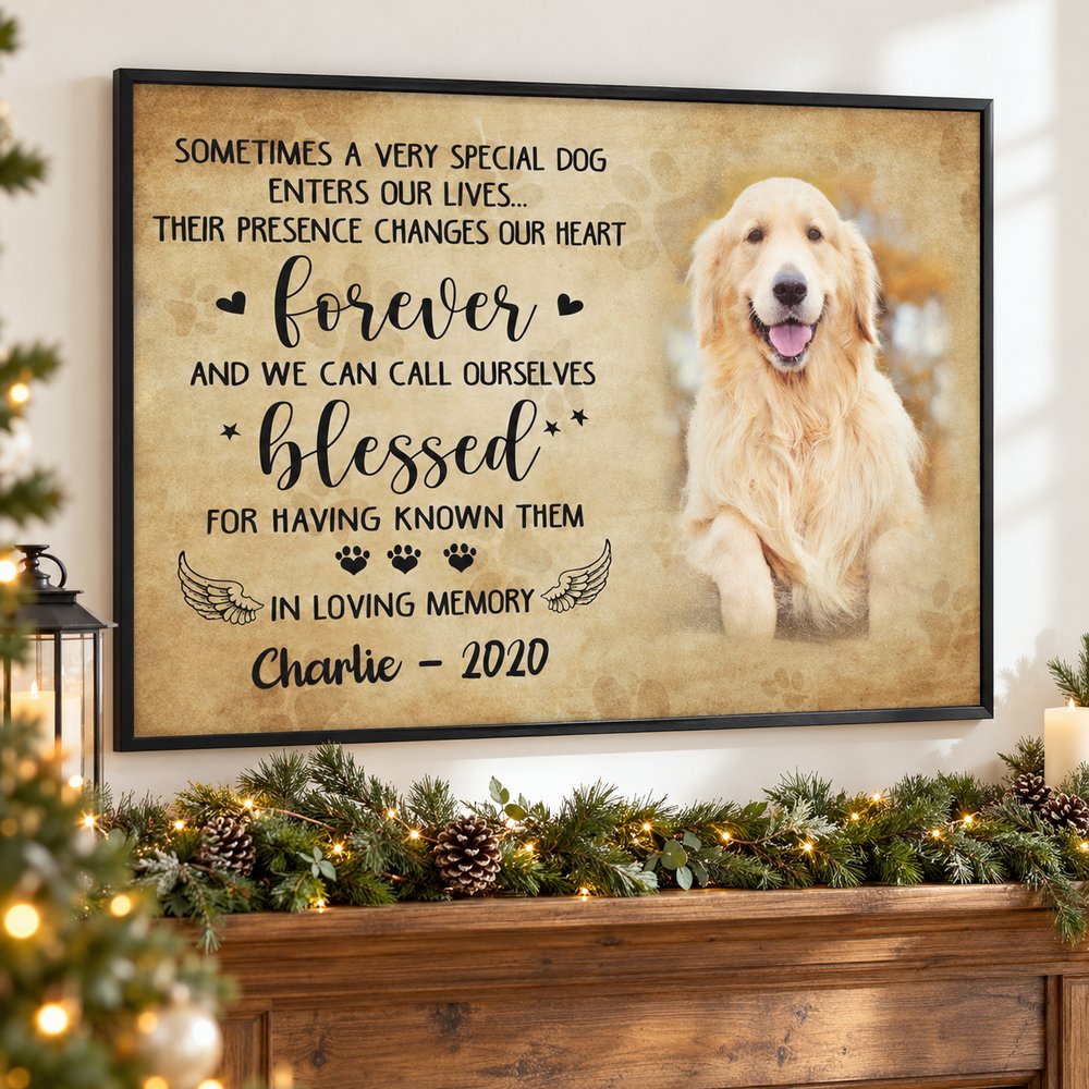 Personalized dog memorial framed print hanging above a holiday mantel with pine garland