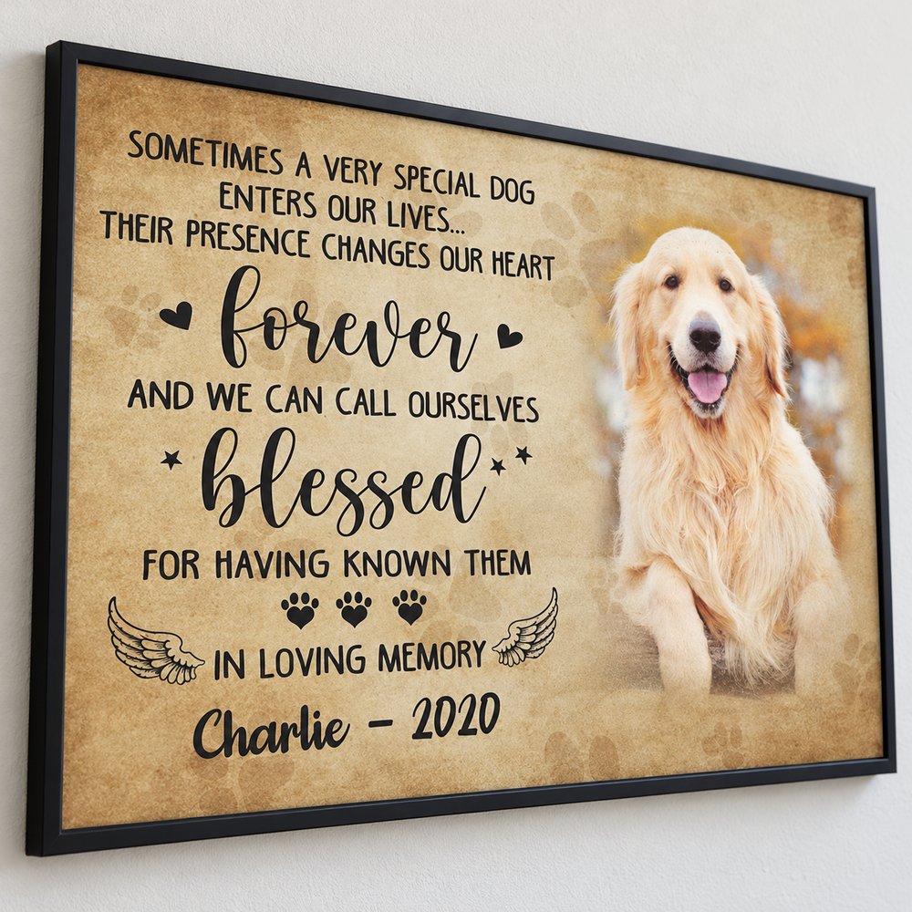 Close-up detail of personalized dog memorial print texture and angel wings artwork