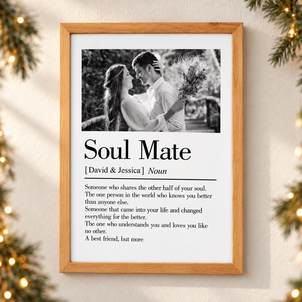 Custom Photo Soul Mate Definition framed poster on wall with holiday pine garland and fairy lights