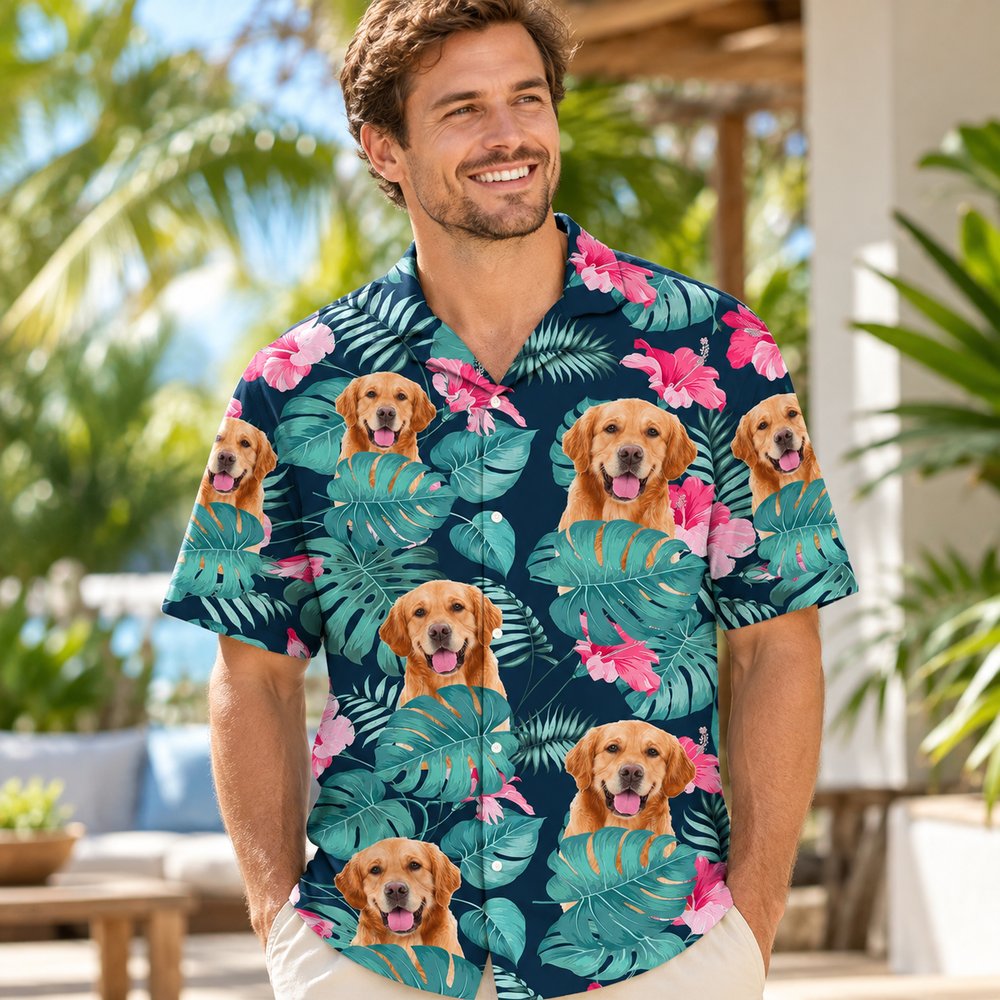 Man wearing custom dog photo tropical Hawaiian aloha shirt on a sunny patio
