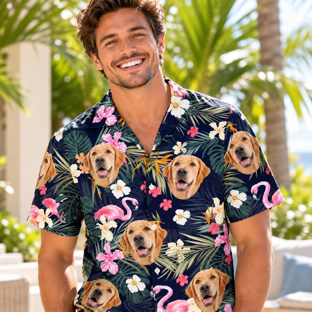 Custom photo family aloha Hawaiian shirt worn outdoors in bright natural sunlight