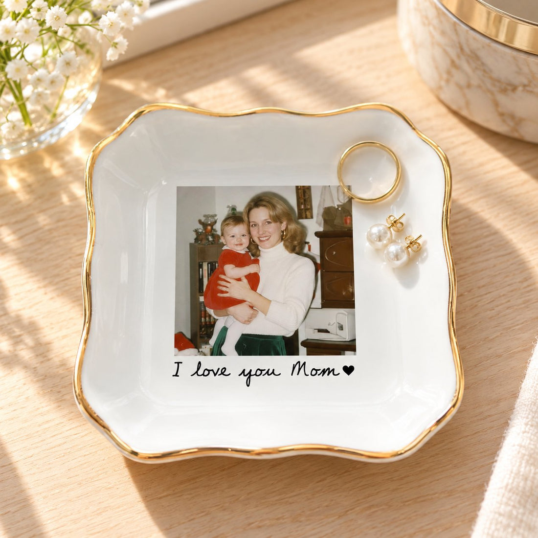 Custom photo thank you Mom ceramic jewelry dish holding rings and earrings on a sunlit wooden vanity