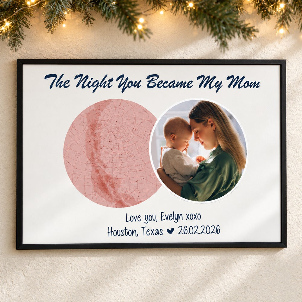 Custom The Night You Became My Mom framed print on wall with holiday garland