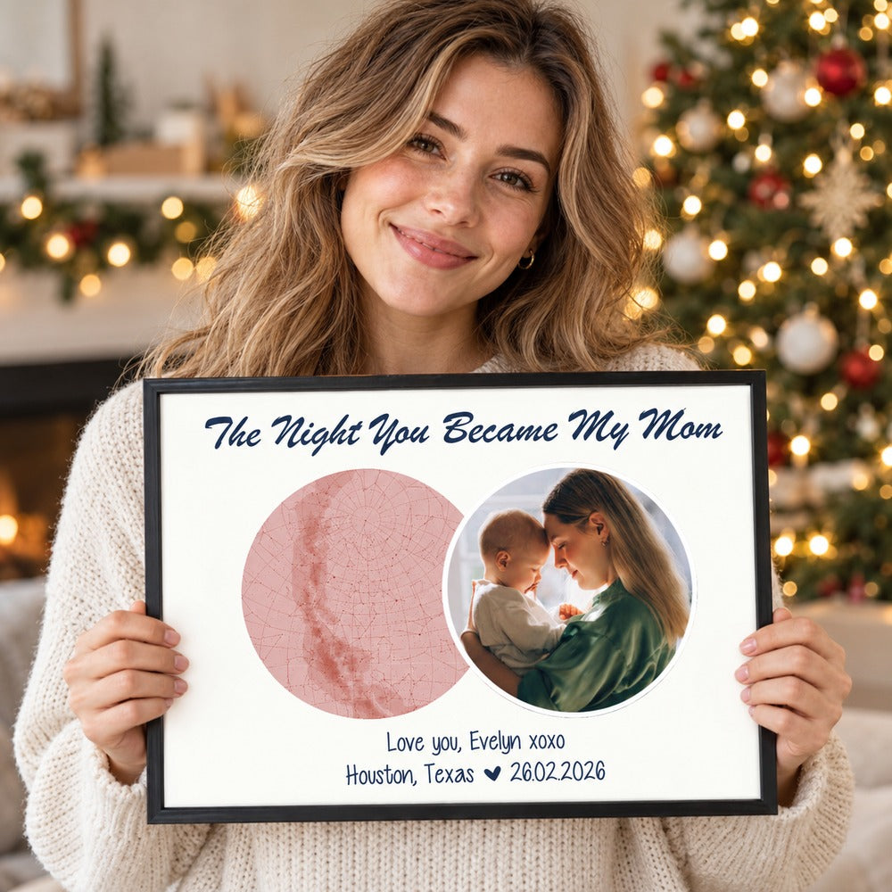 New mom holding personalized The Night You Became My Mom star map and photo print