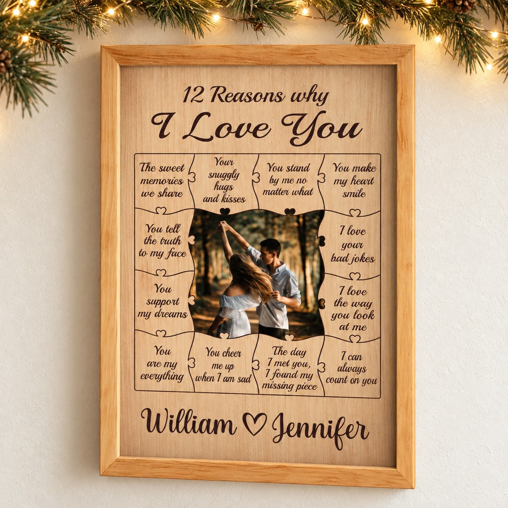 Custom photo 12 Reasons Why I Love You couple framed poster on wall with holiday garland