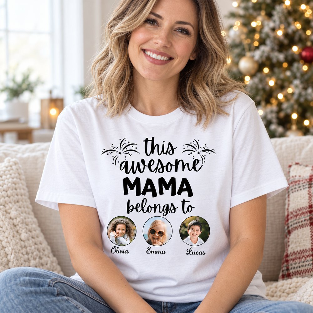 Mom wearing custom photo This Awesome Mama Belongs To t-shirt on sofa near Christmas tree