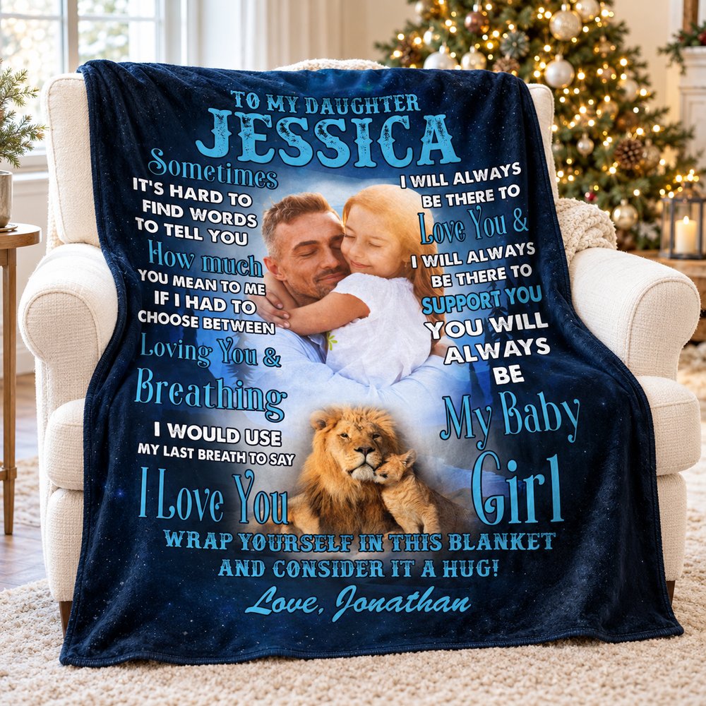 Custom photo daughter lion blanket draped on an armchair by a Christmas tree