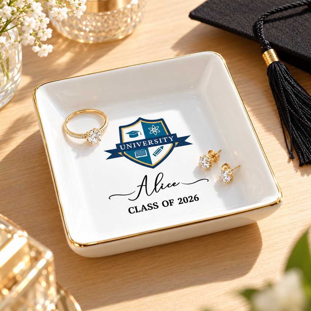 Personalized university graduation ceramic jewelry dish holding rings on a vanity beside a grad tassel