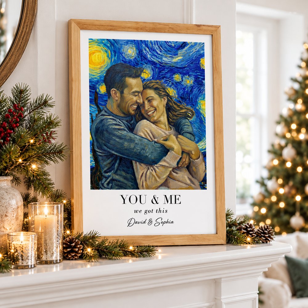 Custom Van Gogh couple poster displayed on a holiday mantel with pine garland