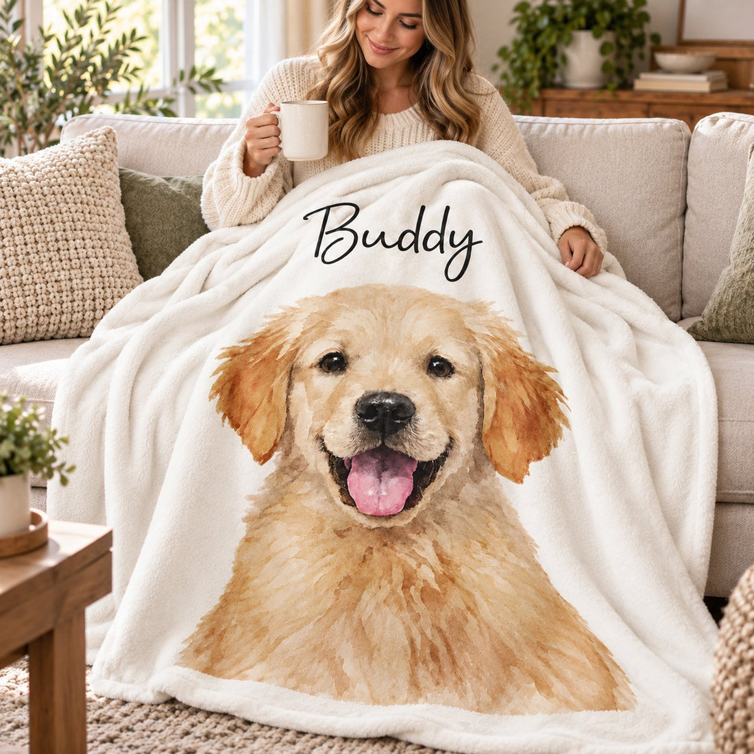Pet lover sitting on sofa with personalized watercolor dog blanket over her lap