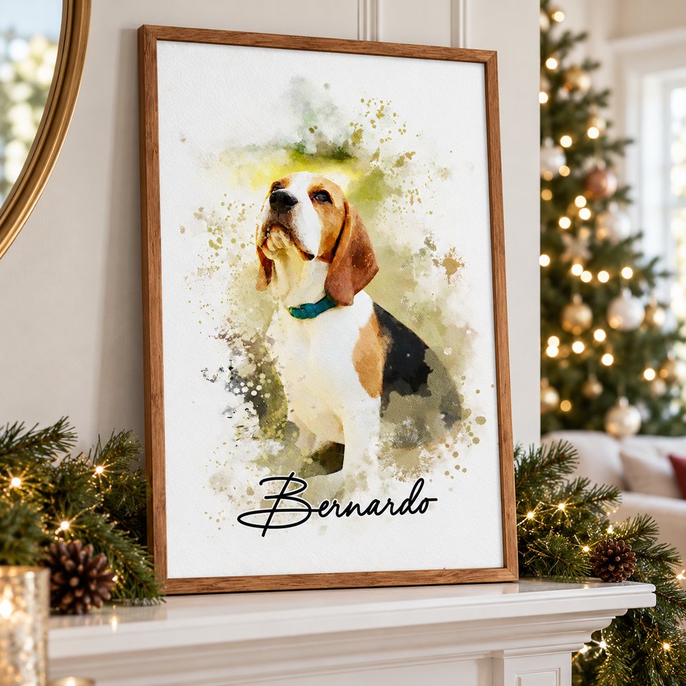 Custom watercolor dog portrait poster displayed on a holiday mantel near a Christmas tree