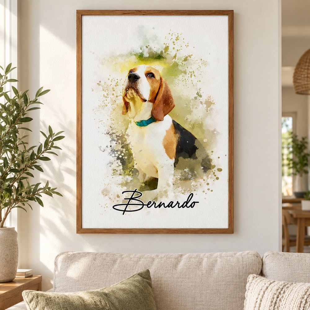 Personalized pet watercolor canvas print hanging on a bright living room wall above a sofa