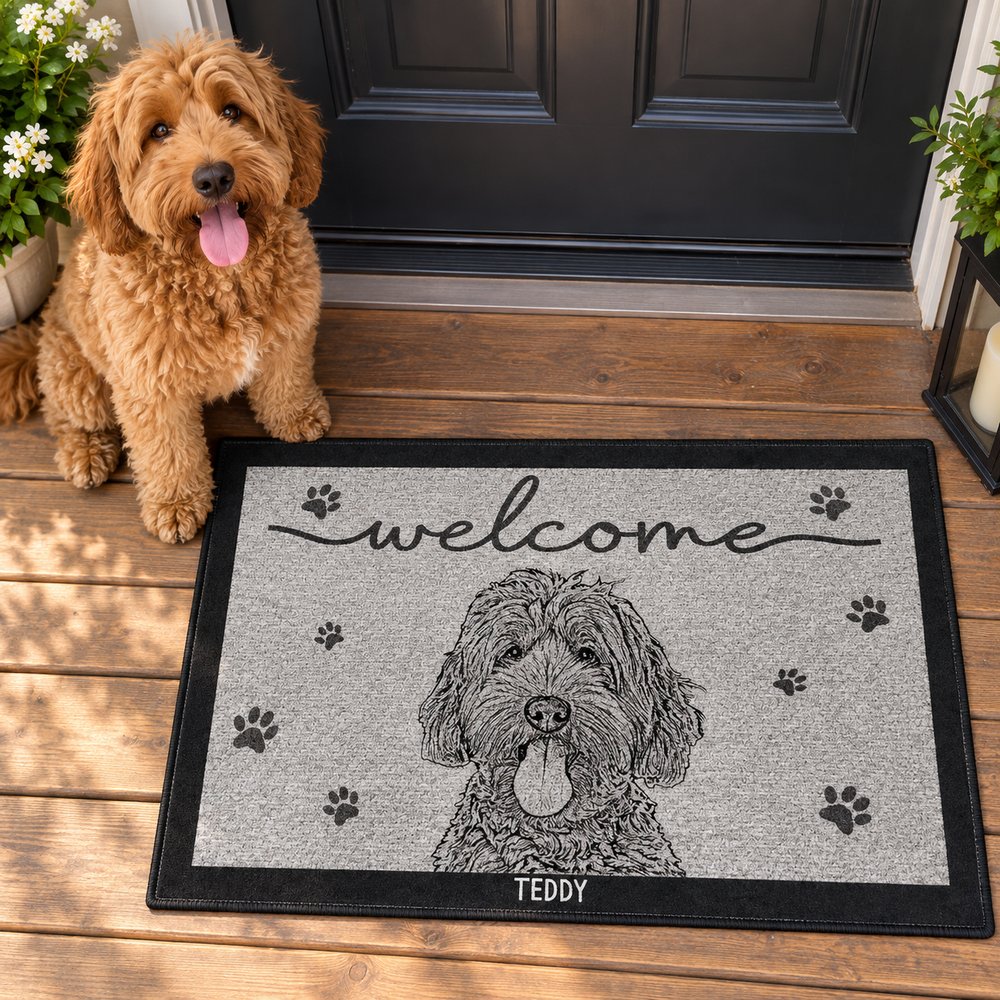 Custom pet face pencil sketch welcome doormat lying at a front door next to a dog