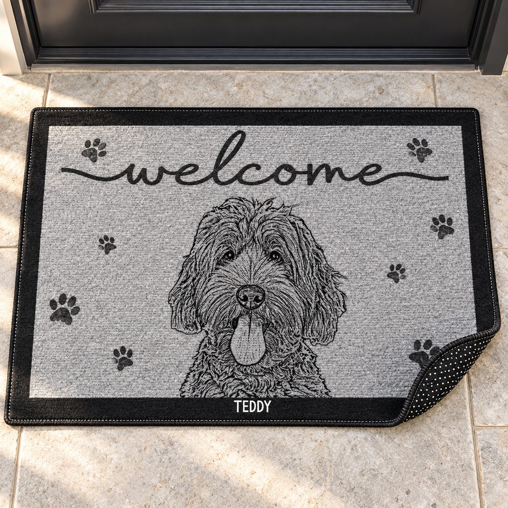 Close-up detail of polyester felt texture and non-slip dotted backing on custom doormat