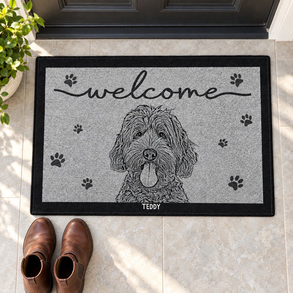 Custom pet photo welcome doormat shown next to adult boots for size reference