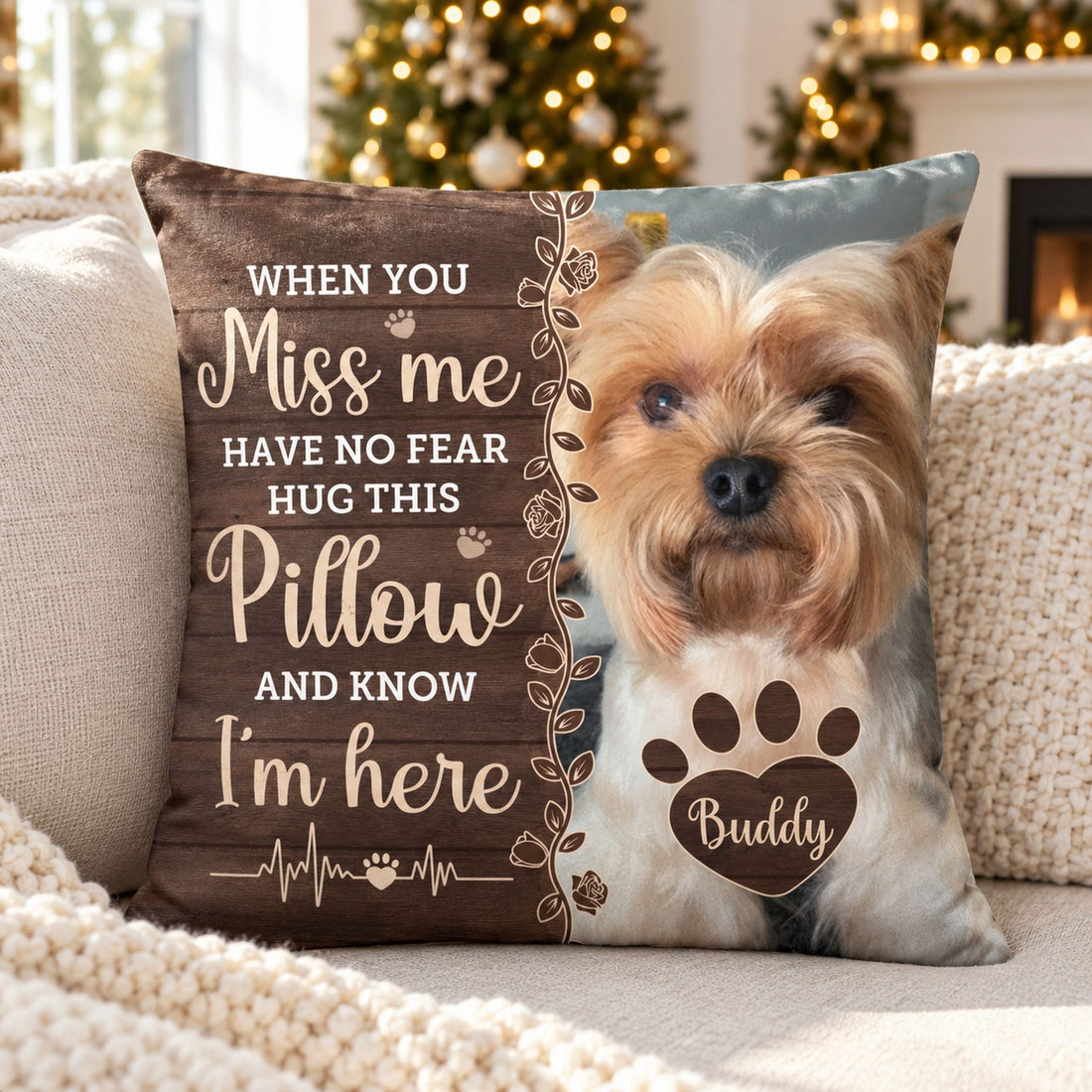 Personalized pet memorial photo pillow on a sofa with Christmas tree in background