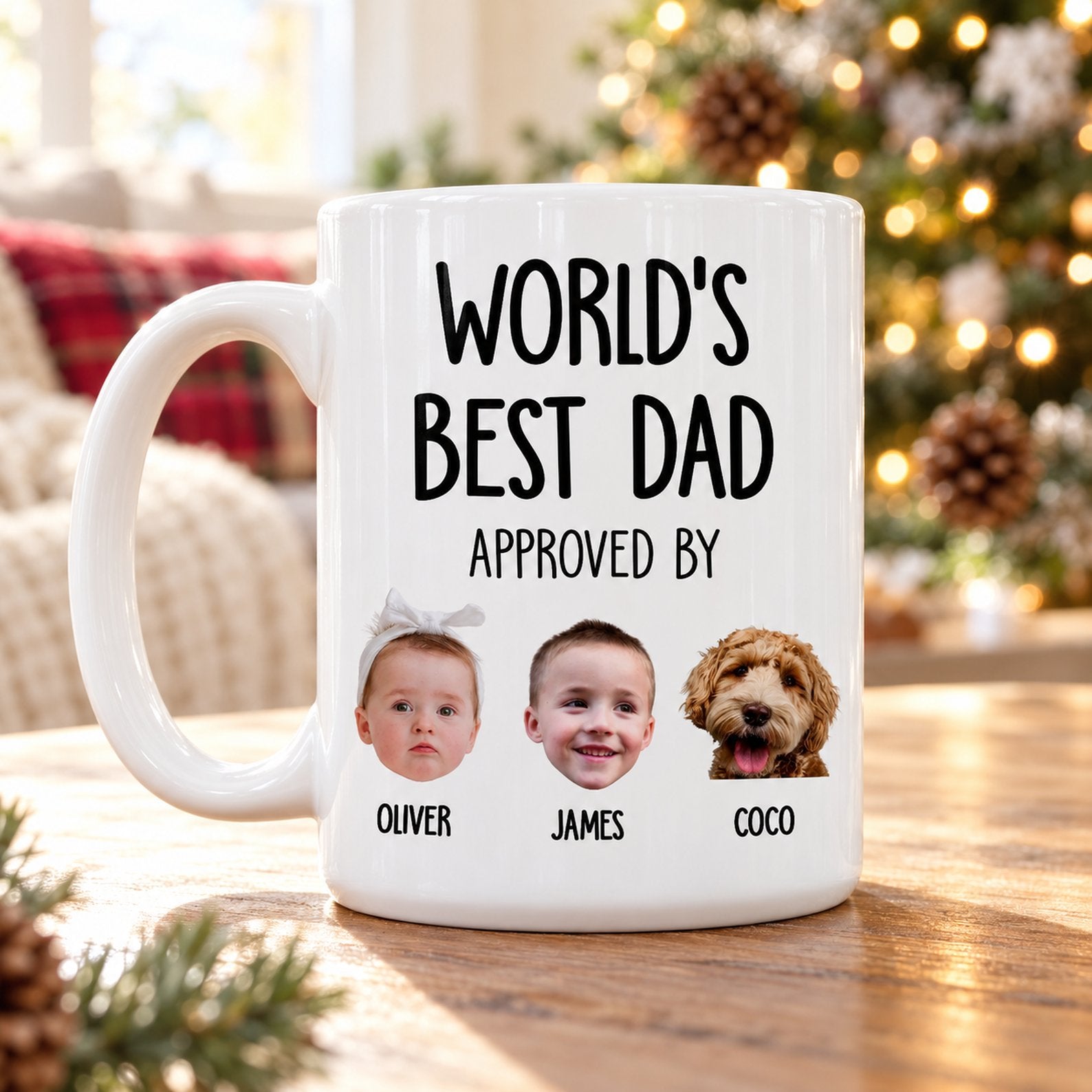 Custom photo Worlds Best Dad ceramic mug on wooden table with Christmas tree in background