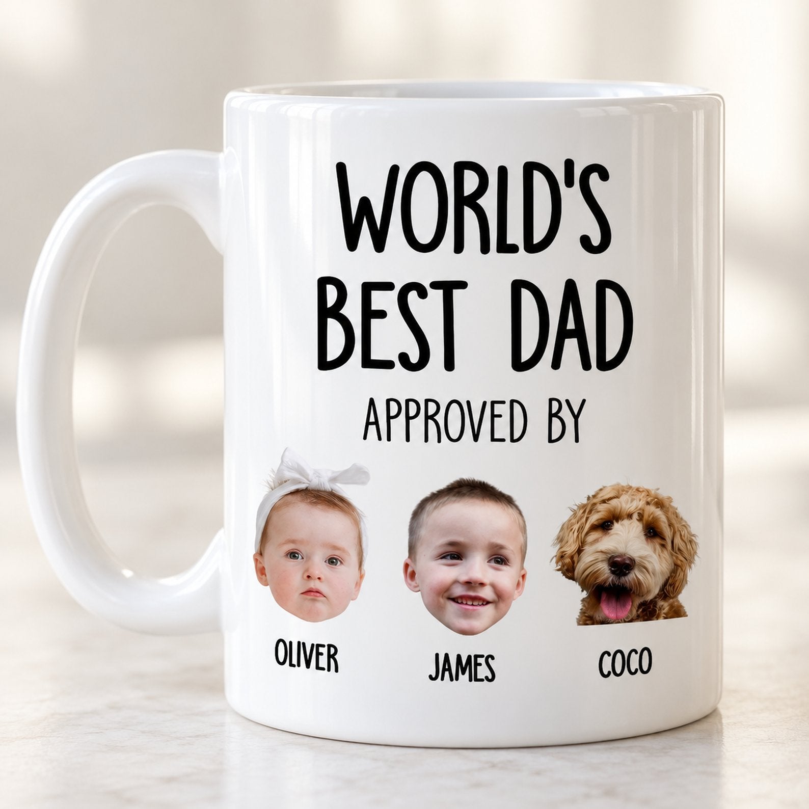 Close up detail of custom photo print and glossy ceramic finish on Worlds Best Dad mug
