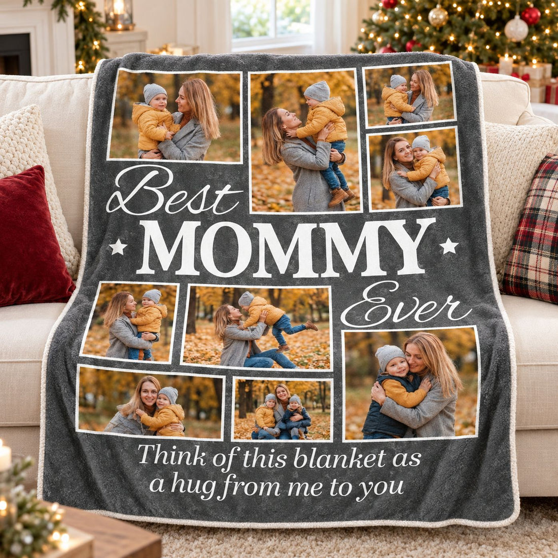 Custom photo Best Mommy Ever blanket draped on a cozy sofa near a Christmas tree