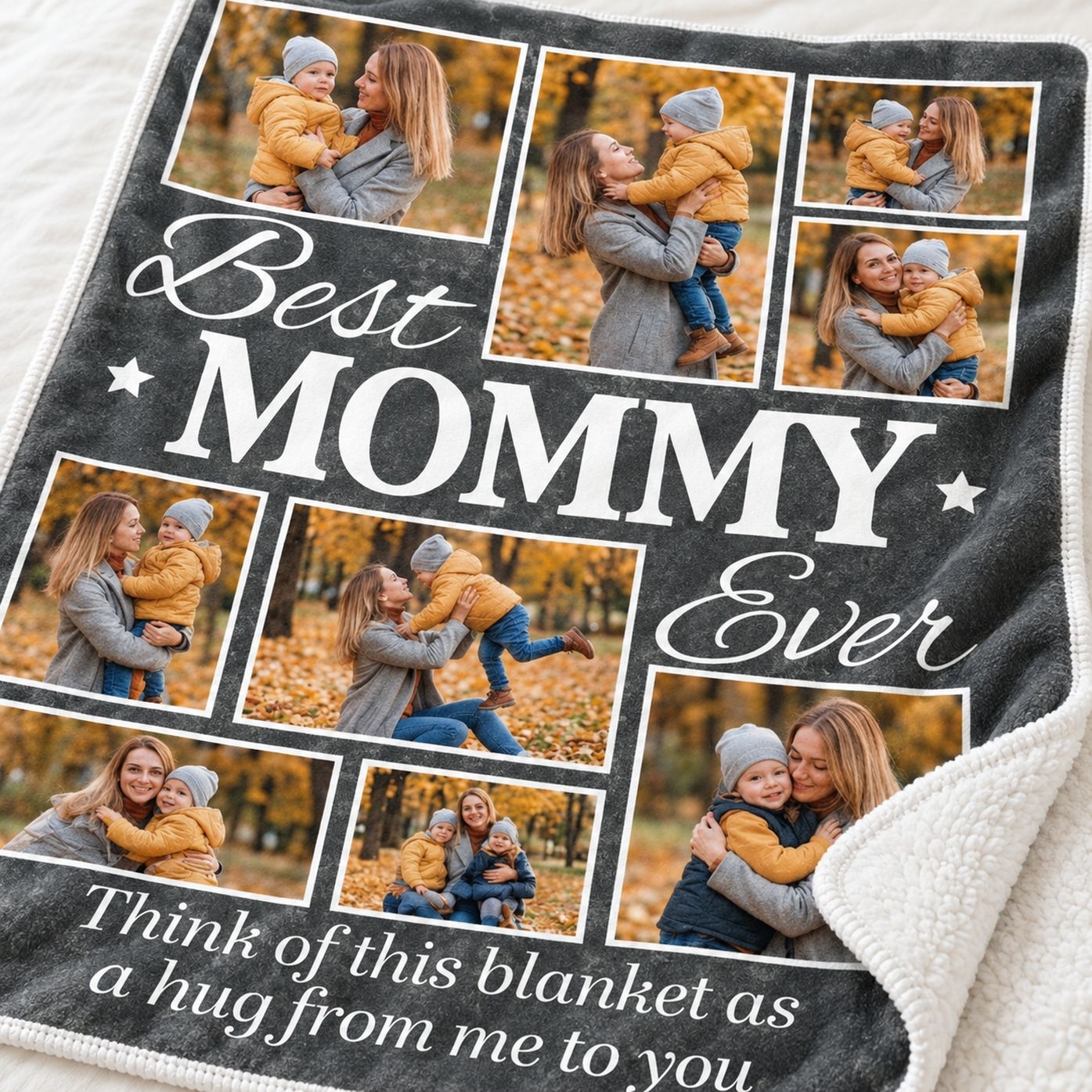 Close-up detail of the custom blanket showing soft fleece print and sherpa backing
