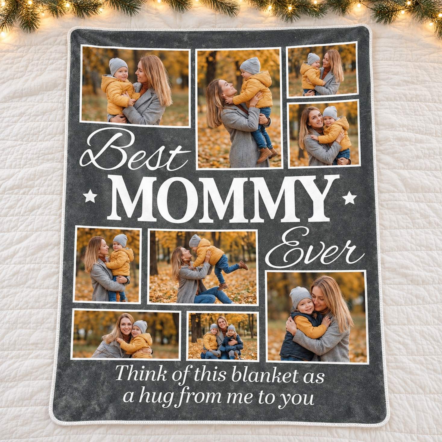 Custom Best Mommy Ever photo collage blanket spread flat on a cozy bed with holiday greenery