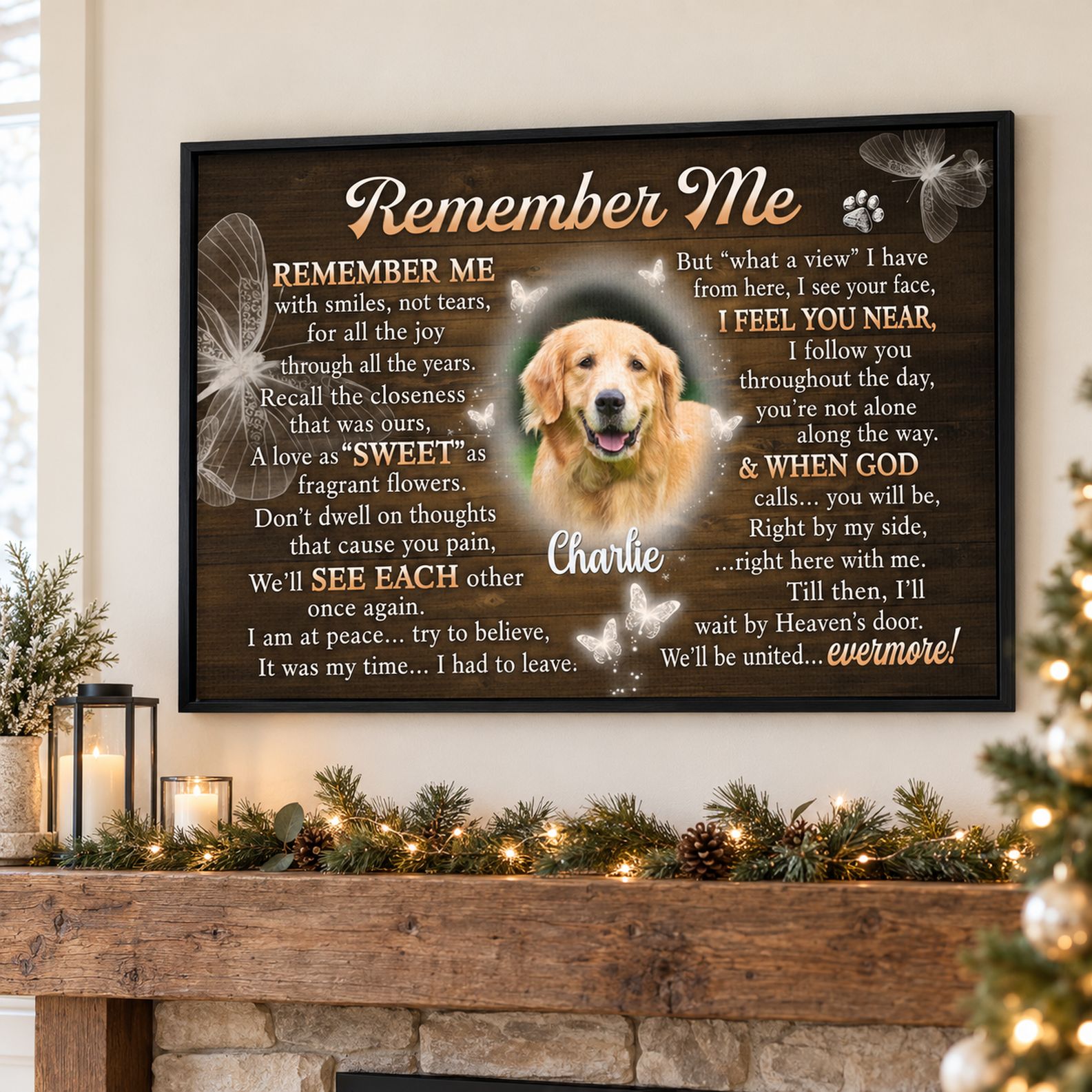 Custom pet memorial poster hanging above a holiday mantel with pine garland