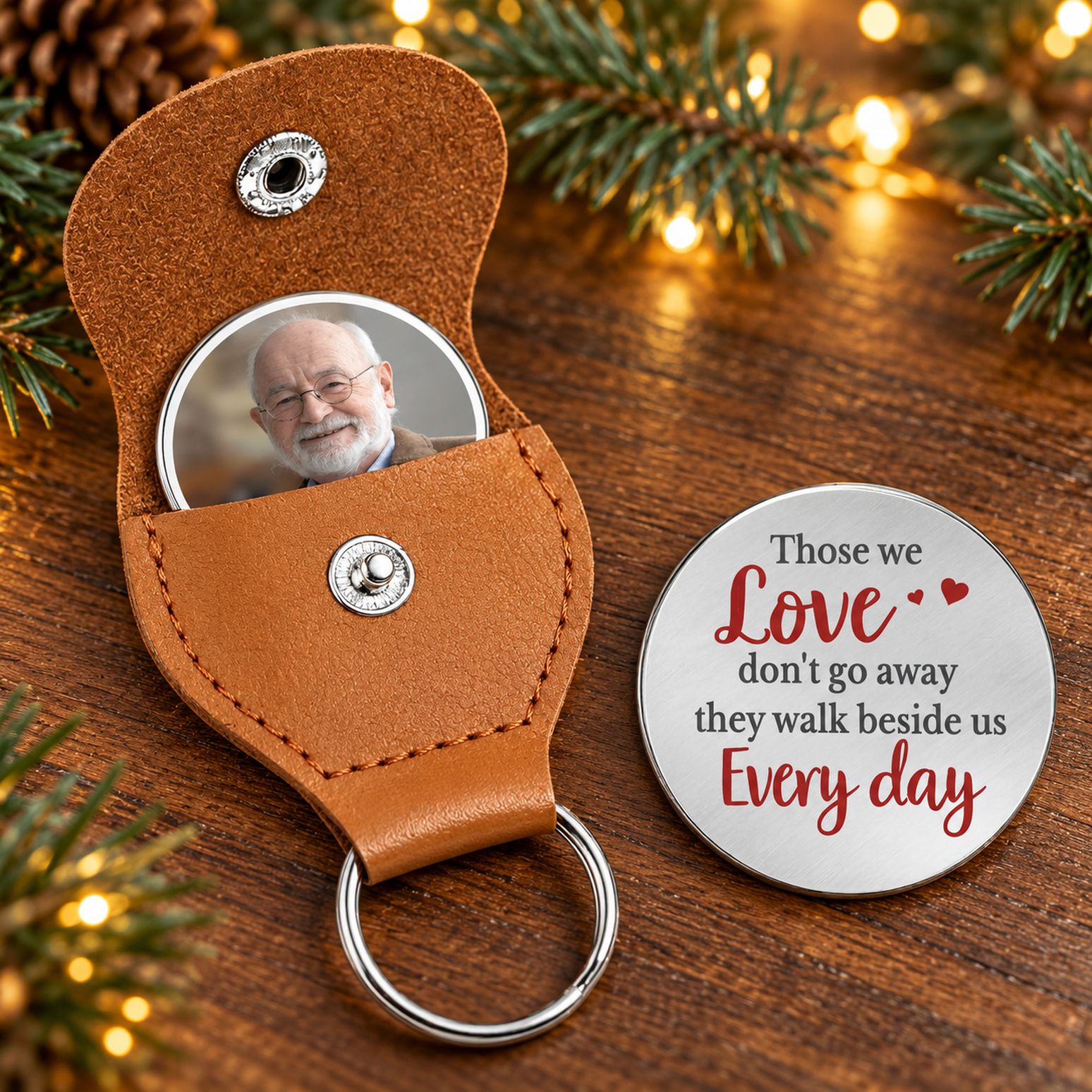 Personalized memorial leather pocket hug and custom photo coin on holiday wooden table with pine branches