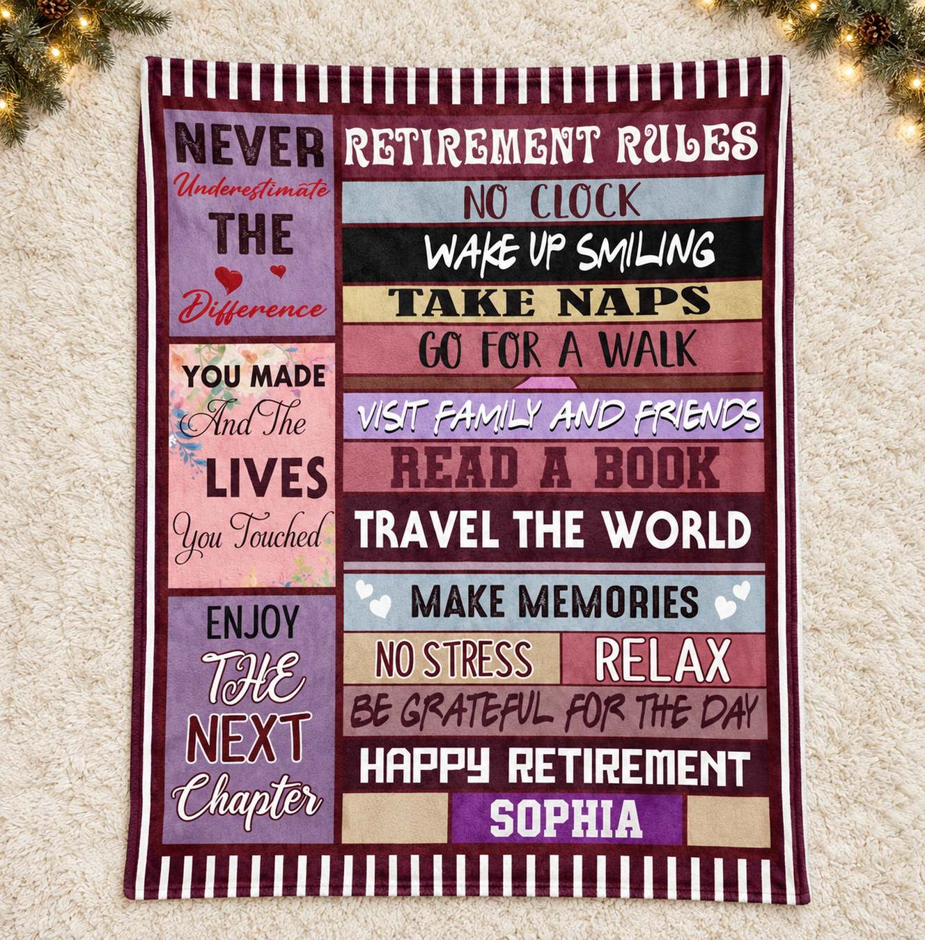 Personalized Sophia retirement rules fleece blanket laid flat near holiday greenery