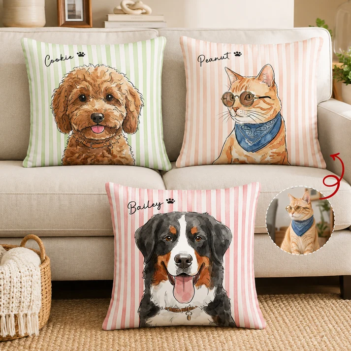 Custom Photo Striped Pet Watercolor Art - Personalized Custom Pillow - Gift for Dog Lovers, Cat Lovers, Pet Lovers