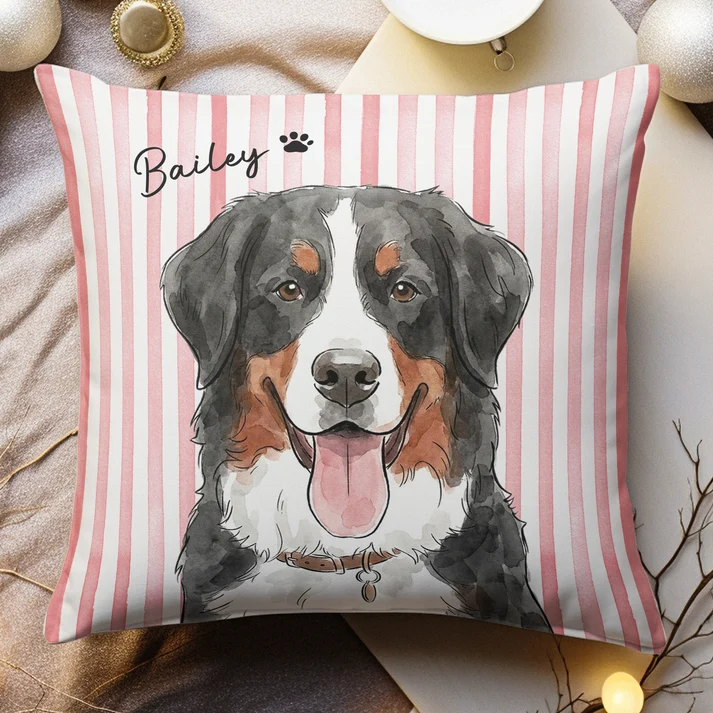 Custom Photo Striped Pet Watercolor Art - Personalized Custom Pillow - Gift for Dog Lovers, Cat Lovers, Pet Lovers