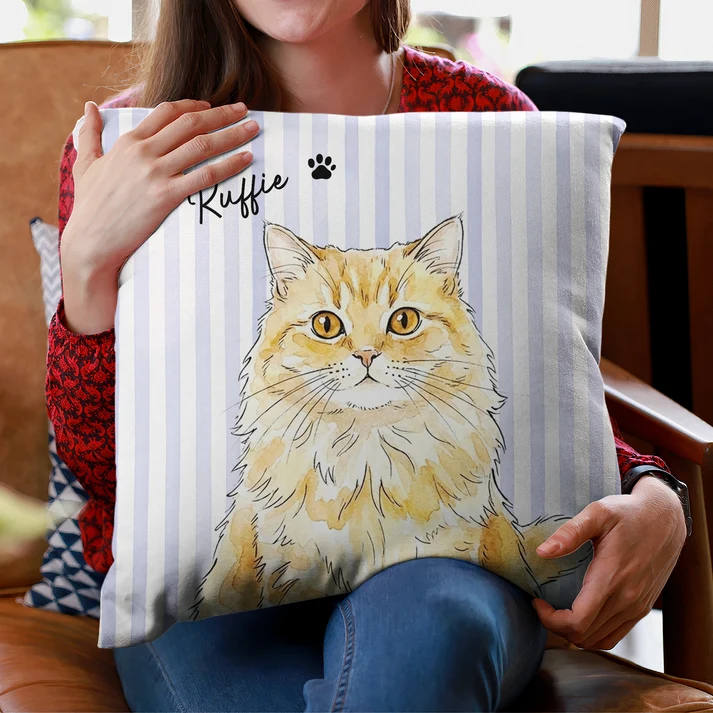 Custom Photo Striped Pet Watercolor Art - Personalized Custom Pillow - Gift for Dog Lovers, Cat Lovers, Pet Lovers