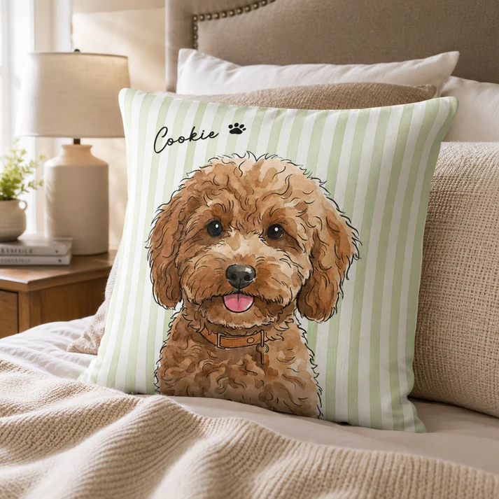 Custom Photo Striped Pet Watercolor Art - Personalized Custom Pillow - Gift for Dog Lovers, Cat Lovers, Pet Lovers