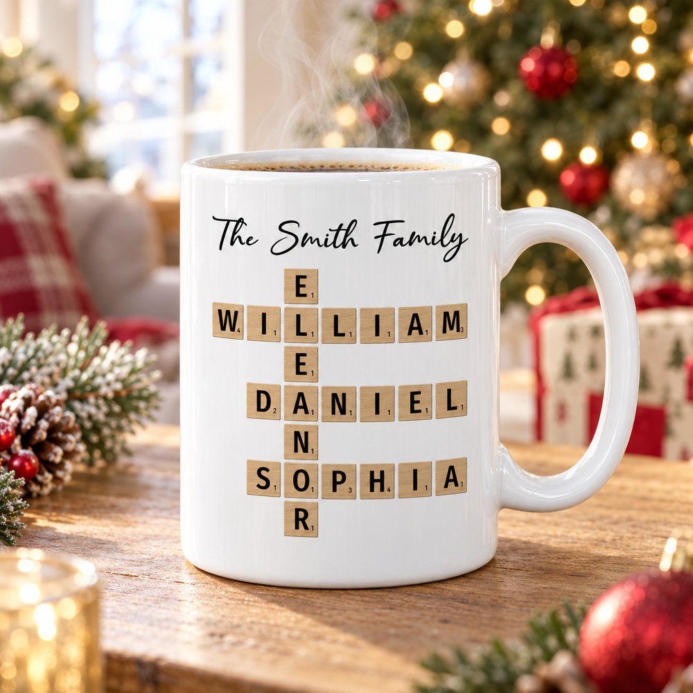 Personalized family crossword puzzle white ceramic mug on table by Christmas tree